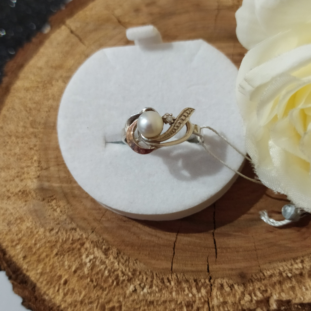 Кільце срібне з золотими пластинами і перлами - Зображення 4