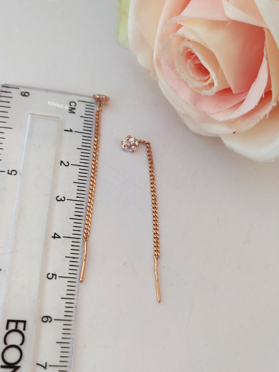 Сережки на ланцюжку з червоного золота з цирконієм - Зображення 2