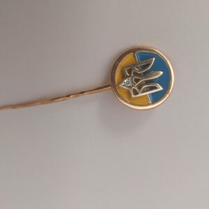 Патріотична брошка тризуб в червоному золоті 585 проби з цирконію та вставкою емалі