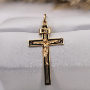 Золотий хрестик 585 проби в червоному золоті з вставками емалі