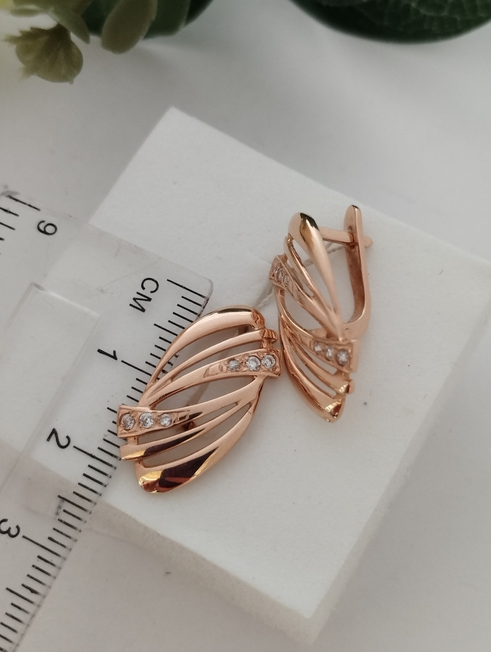 Золоті сережки з цирконієм, золоті сережки з червоного золота - Зображення 2