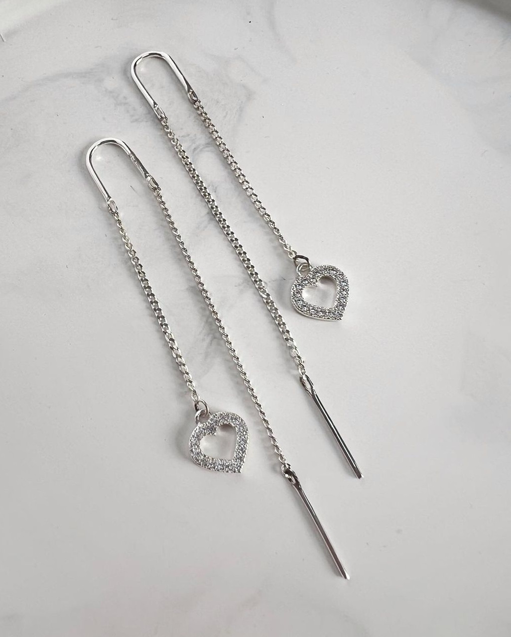 Срібні сережки протяжки з сердечком, серьги протяжки из серебра - Зображення 4