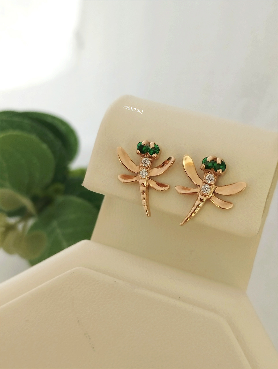 Золоті сережки з цирконієм, золотые серьги стрекоза