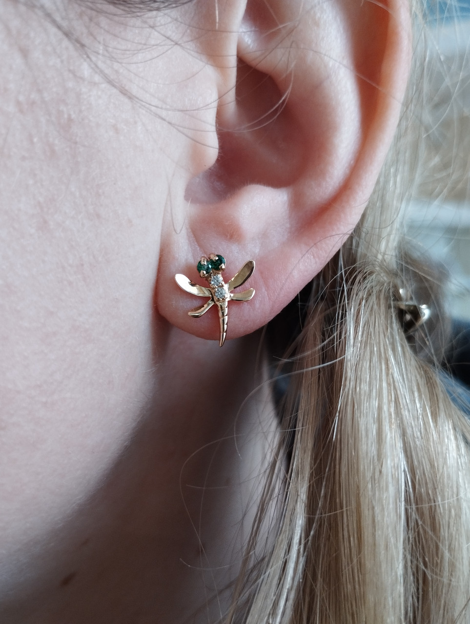 Золоті сережки з цирконієм, золотые серьги стрекоза - Зображення 3