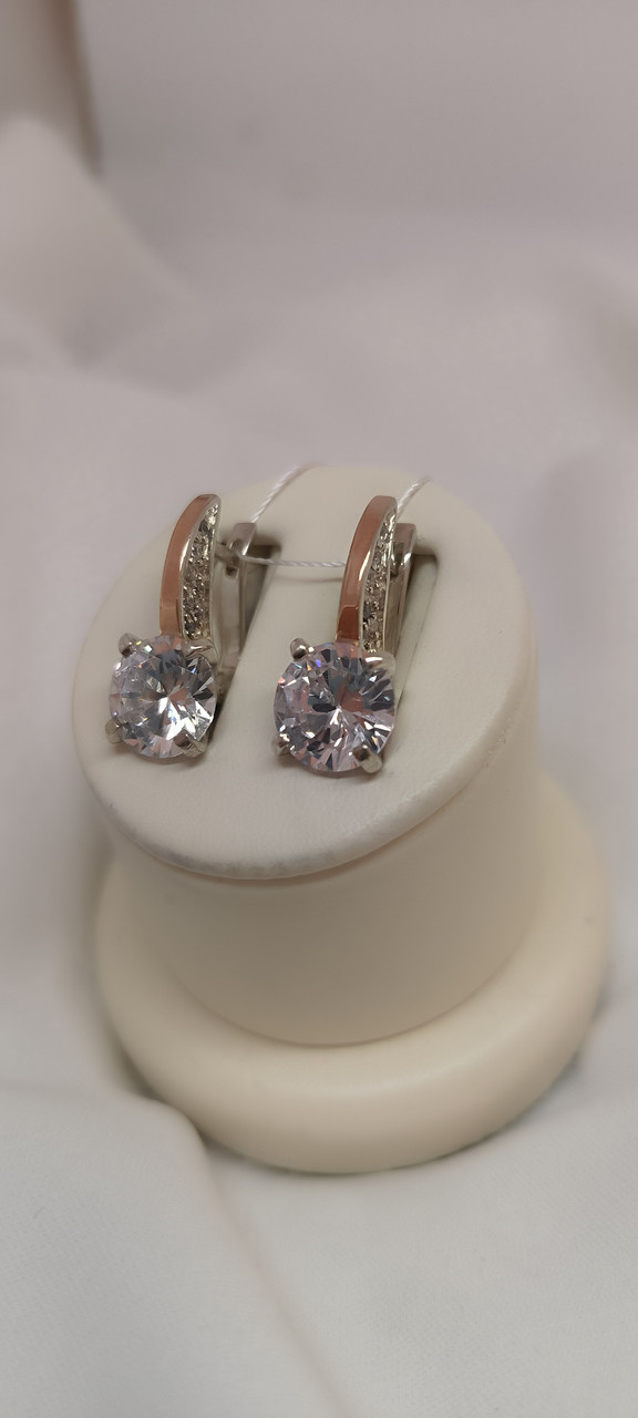 Срібні сережки 925 проби з напаяною пластиною золота на англійському замку з вставкою цирконію - Зображення 4