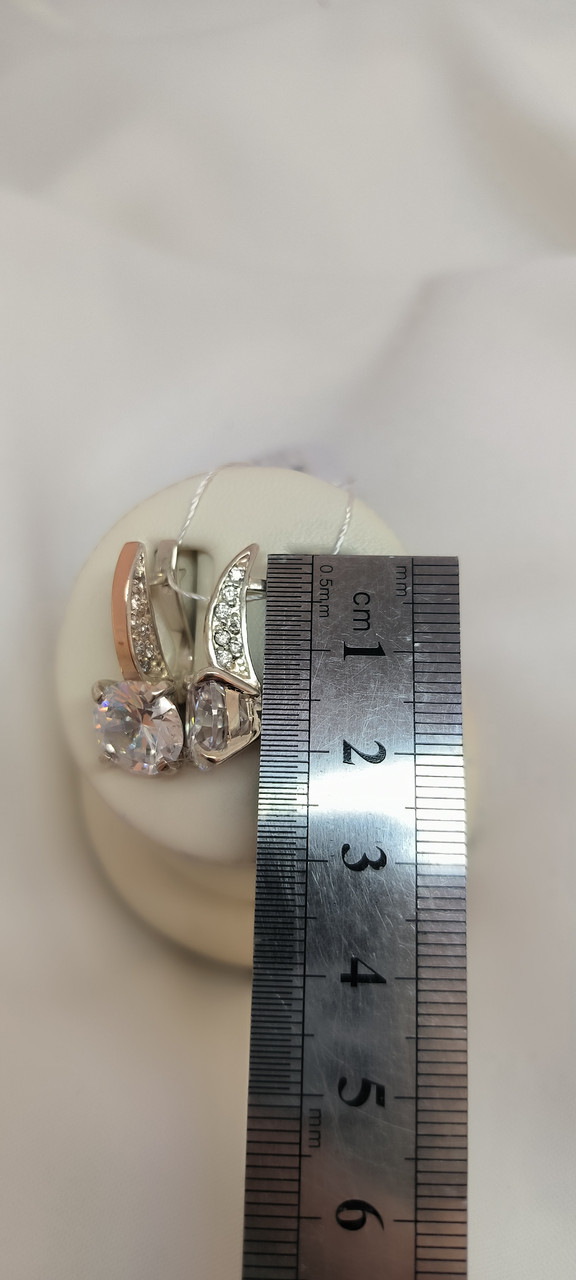 Срібні сережки 925 проби з напаяною пластиною золота на англійському замку з вставкою цирконію - Зображення 3