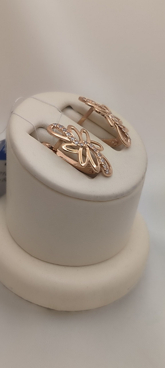 Золоті сережки в червоному золоті на англійському замку сережки з фіанітами золоті кульчіки - Зображення 5