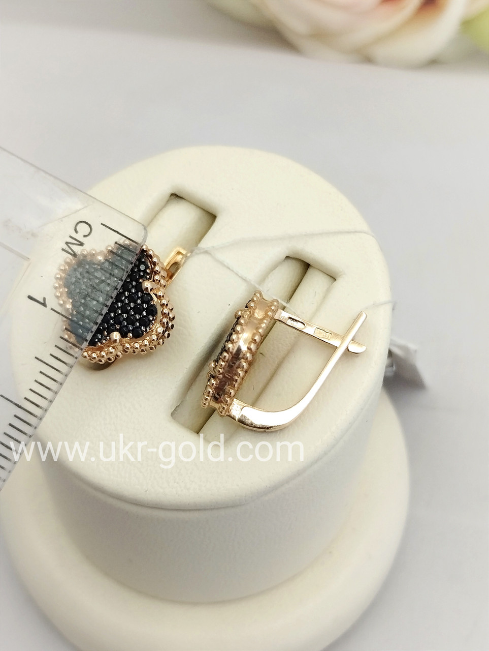 Золоті сережки з цирконієм, золоті сережки з чорним камінням, сережки конюшини - Зображення 2