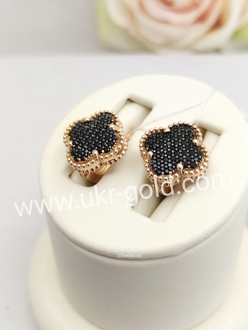 Золоті сережки з цирконієм, золоті сережки з чорним камінням, сережки конюшини