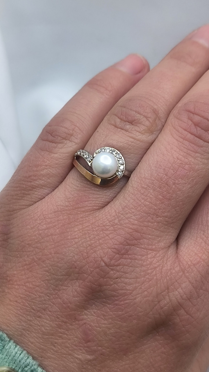 Срібне кільце 925 проби із вставками золота.з перлами. - Зображення 3