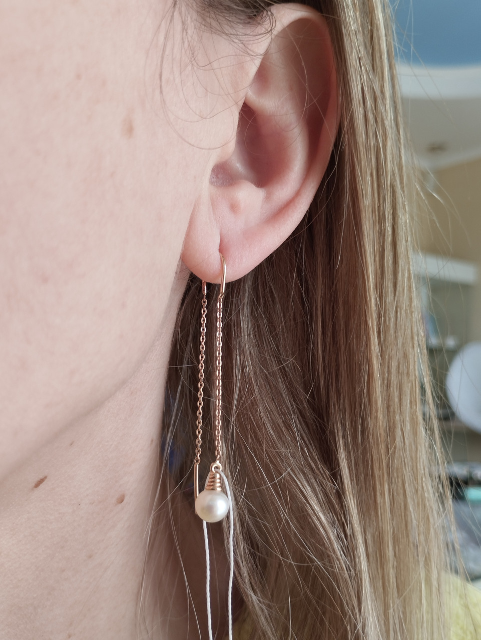 Золоті сережки протяжки з перлами, золоті сережки з перлами золоті сережки висячі 229040101920 - Зображення 4