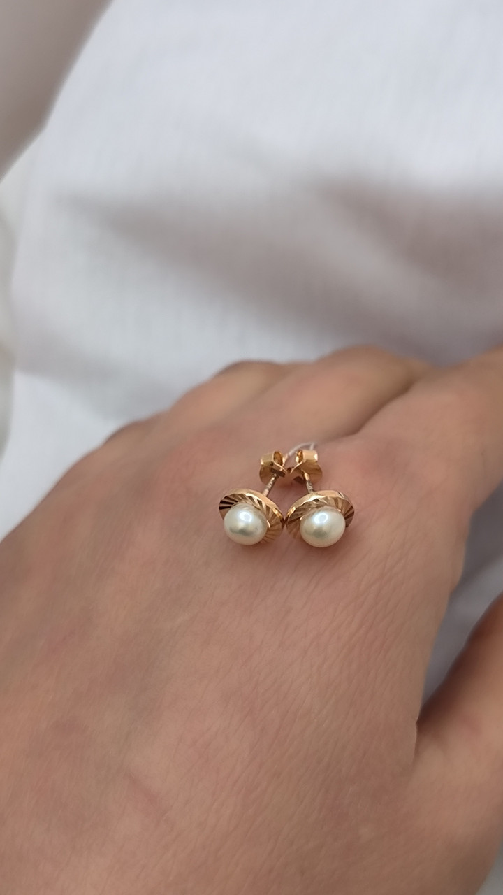 Золоті сережки гвіздочки в червоному золоті 585 проби з вставкою перлини - Зображення 2