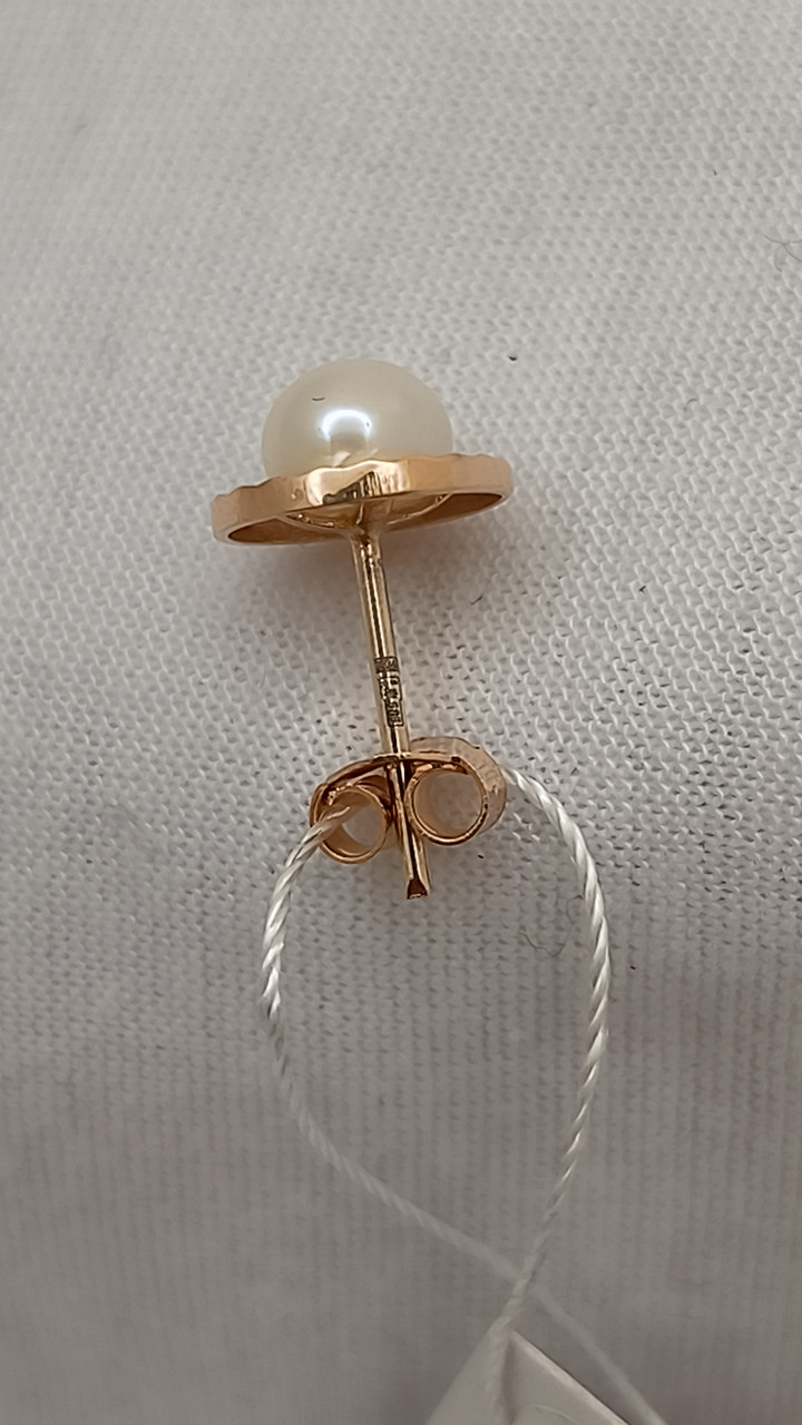 Золоті сережки гвіздочки в червоному золоті 585 проби з вставкою перлини - Зображення 3