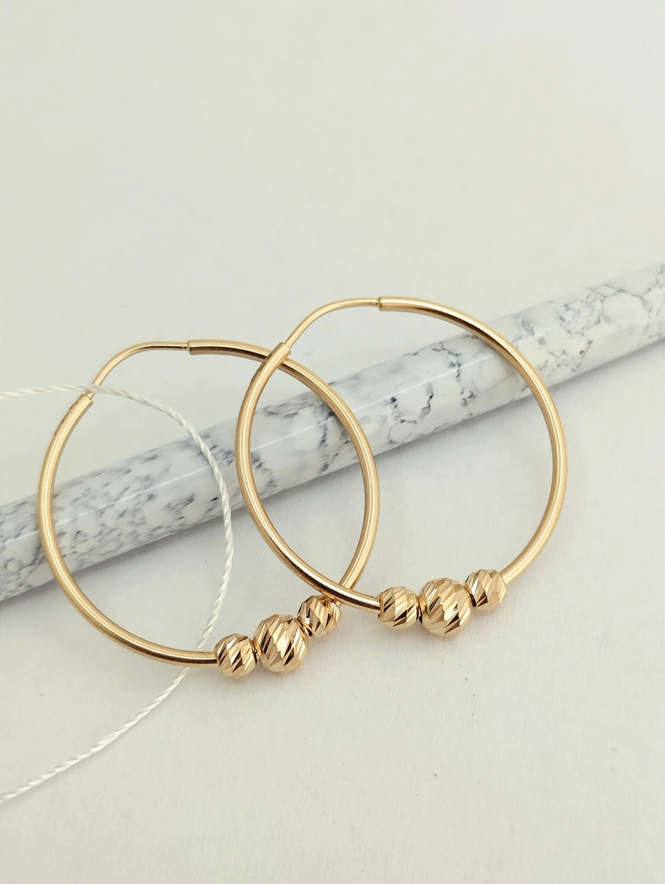 Золоті сережки кільцями з червоного золота з шариками, серьги кольца с шариками - Зображення 5