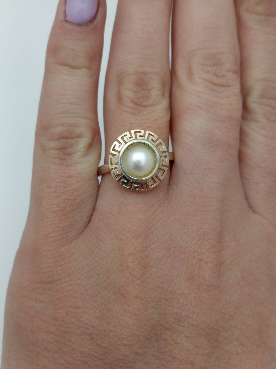 Срібне кільце 925 проби з напаяними пластинами золота 375 проби зі вставкою перлів - Зображення 3